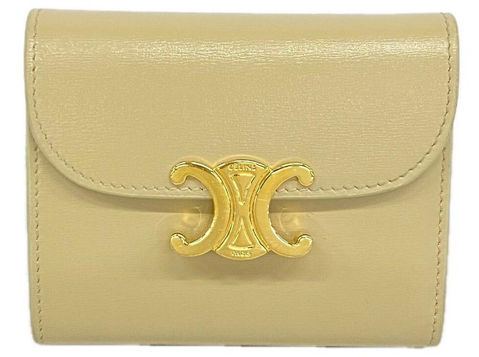 Céline Celine Triomphe Leather Tri-fold Wallet - Beige