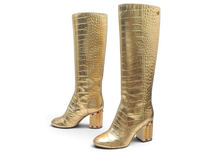 CHANEL RIDING BOOTS EGYPTE 38.5 CROC-EFFECT LEATHER BOOTS Golden
