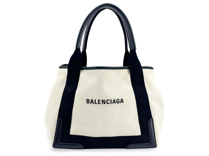 Balenciaga Cabas in tela blu navy e pelle Medium Nero