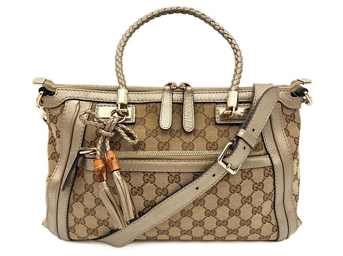 Bamboo Bolsa de Ombro Gucci GG Canvas Bege Dourado
