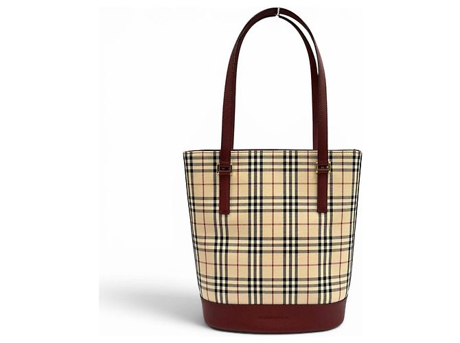 Burberry Vintage Logo Nova Check Pattern Ledertote Beige Bordeaux