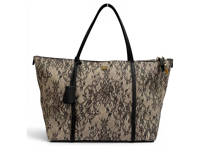 Dolce & Gabbana Leder-Tote-Bag mit Spitzenprint Schwarz Beige