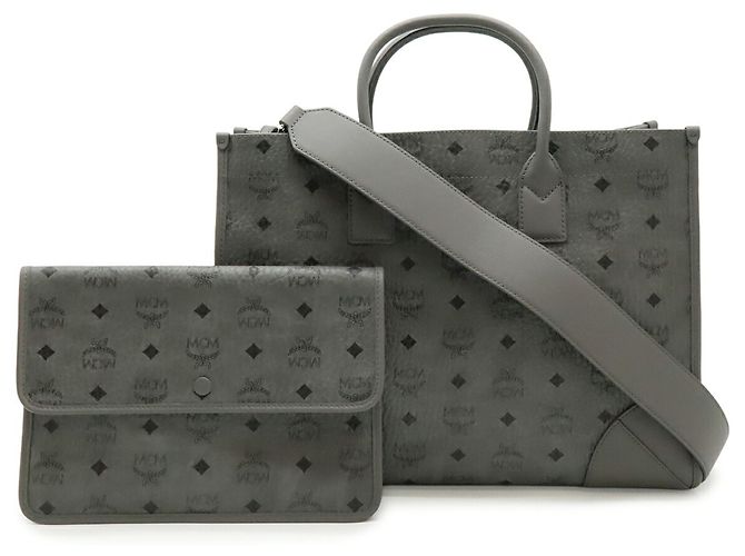 Borsa Tote MCM Visetos Nera e Grigia in Pelle e PVC Marrone Nero