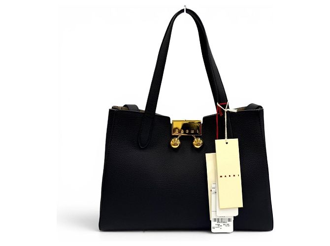 Marni Trancaloo Leder-Tote-Bag mit Logo-Hardware Schwarz