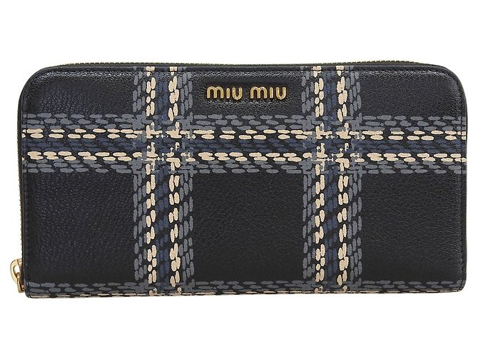 Miu Miu Leather Round Zip Long Wallet Brown Black Beige
