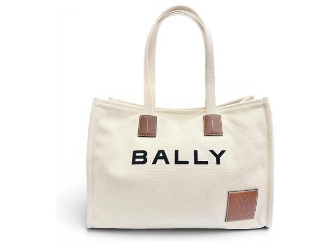 Bally Akelei Logo Leather Patch Canvas Large Tote Bag Brown Cream