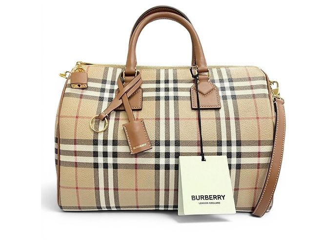 Burberry Medium Bowling Nova Check Pattern Bag Brown Beige