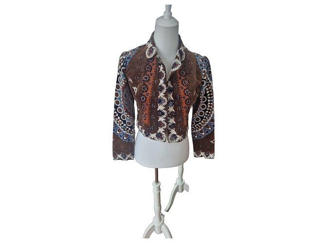 Giacca Crop in Velluto Emilio Pucci Vintage Marrone Bianco Blu Arancione