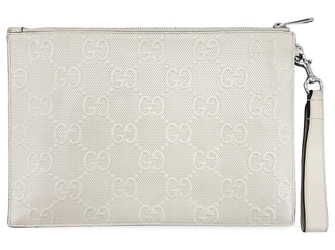 Pochette Gucci en cuir perforé embossé GG Blanc