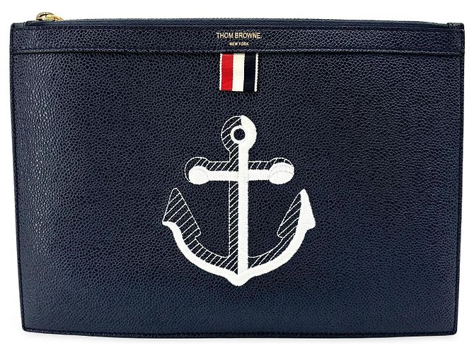 Porte-documents zippé Thom Browne en cuir avec appliqué Bleu Marine