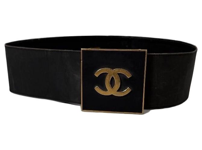 Cinto largo Chanel preto em couro e lona com fivela CC dourada Dourado