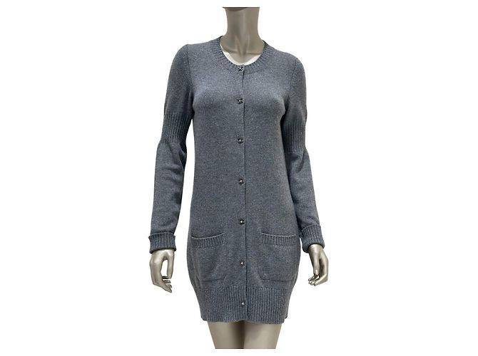 Chanel 100% Kaschmir Grauer Langer Cardigan mit CC-Verschluss Gr. 38 Gebraucht