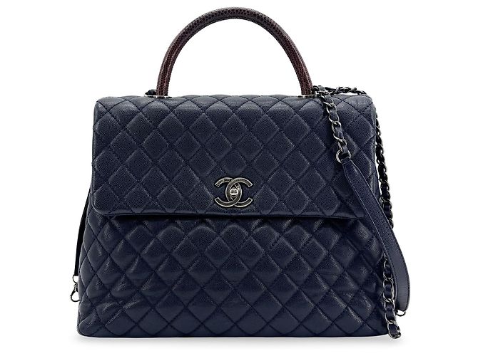 Chanel Coco Top Handle Quilted Caviar with Lizard Medium Blu navy