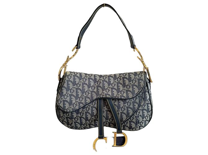 Christian Dior Borsa Double Saddle Navy Trotter Oblique Blu scuro Gold hardware Monogramma