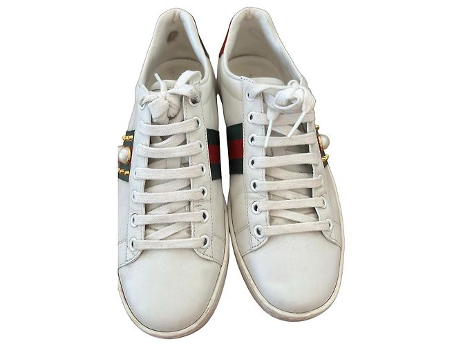 Sneaker Gucci pelle bianca perle e borchie Bianco Rosso Verde