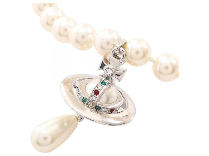 Vivienne Westwood ONE ROW PEARL DROP Choker Argento Bianco Multicolore