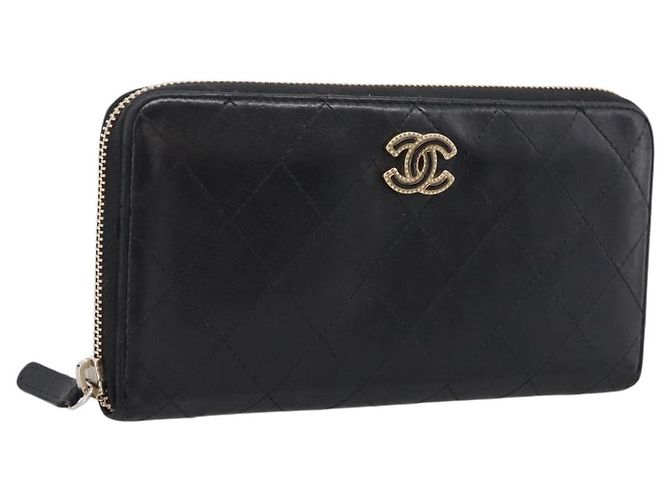 CHANEL Bicolore Long Wallet Leather Black Gold Tone CC Auth 203085