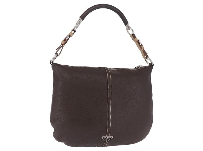 Bolsa de Ombro PRADA em Couro Marrom Prata Auth am12574V