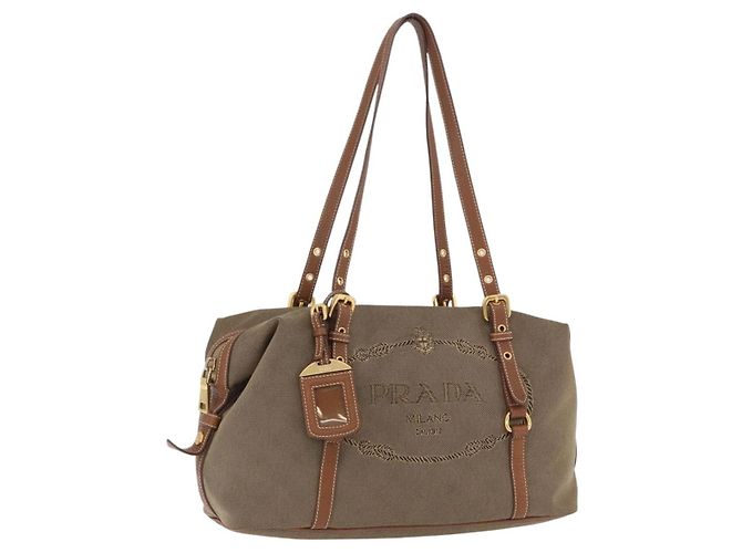 Borsa Tote PRADA Canvas Jacquard Beige Gold Auth 200549M D'oro