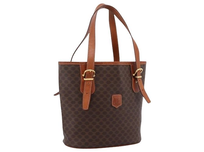 Céline Saco Tote CELINE Macadam Canvas PVC Couro Brown Gold Auth 203435A Marrom Dourado