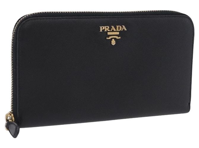 Portafoglio lungo PRADA Saffiano Black Gold Tone Auth 203079 Nero
