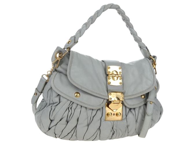 Miu Miu Handtasche Leder 2way Grau Gold Authentisch 196873A Braun Golden