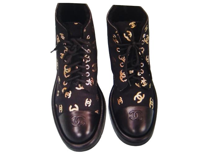 Chanel CC Logo Black Canvas and Leather Boots Golden