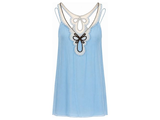 Alberta Ferretti Hellblaues Besticktes Seiden-Minikleid Schwarz Weiß