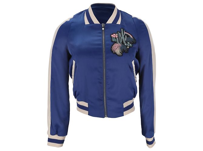 Maje Bacary Embroidered Bomber Jacket in Blue Polyester