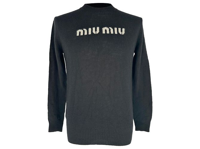 Strickpullover aus schwarzer Wolle mit Miu Miu Logo-Stickerei