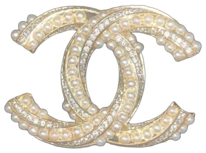 Chanel CC Logo Brosche Perlen & Strass Weiß Golden Gold hardware