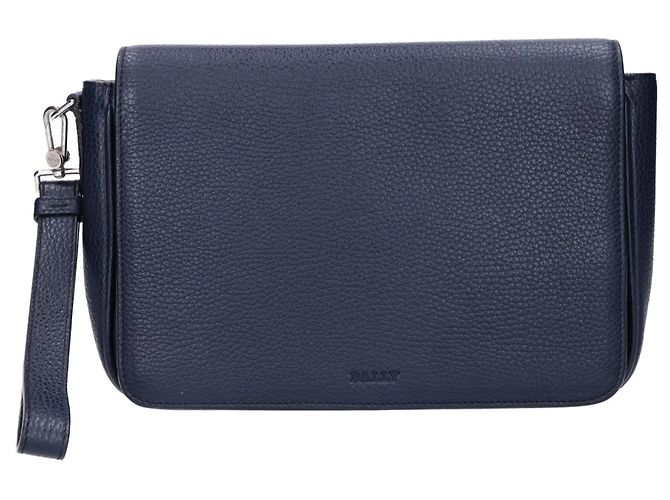 Bally Steon Embossed Logo Grain Leather Clutch Bag Navy blue
