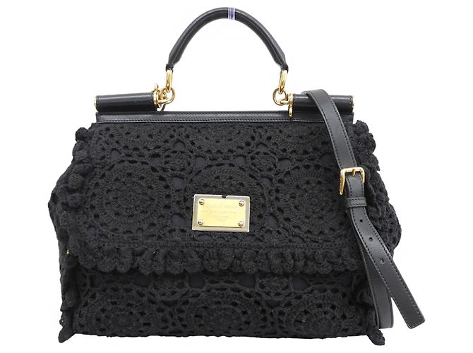 Dolce & Gabbana Black Sicily Cutwork Lace Leather Handbag