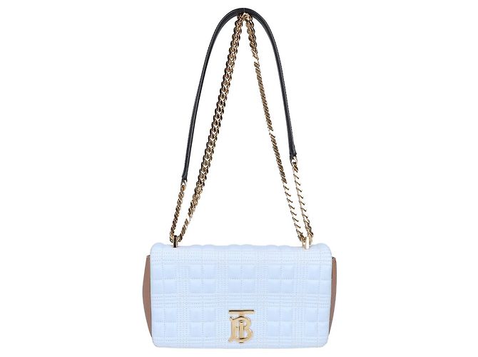 Bolsa de Ombro com Aba e Corrente Burberry Laura TB Logo Bege Azul claro