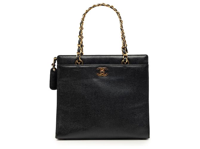 Chanel Black CC Caviar Chain Turn Lock Tote Schwarz