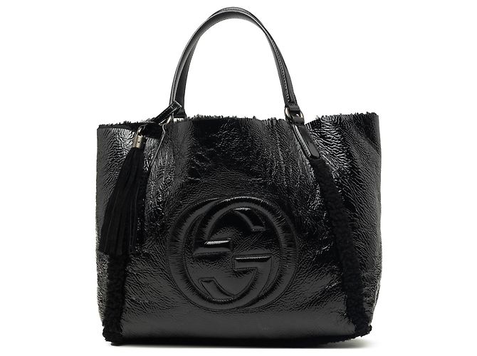 Gucci Soho Cellarius Tote Medium aus schwarzem Lackleder mit Shearling-Besatz