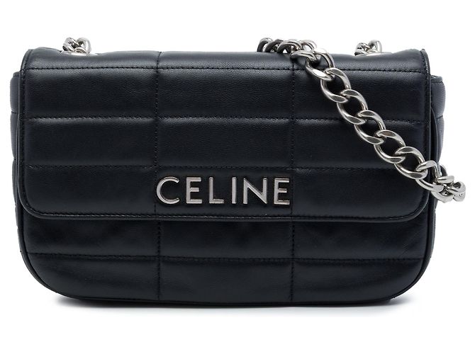 Céline Bolsa de Ombro Celine Monochrome em pele de cabra matelassê preta com corrente Preto
