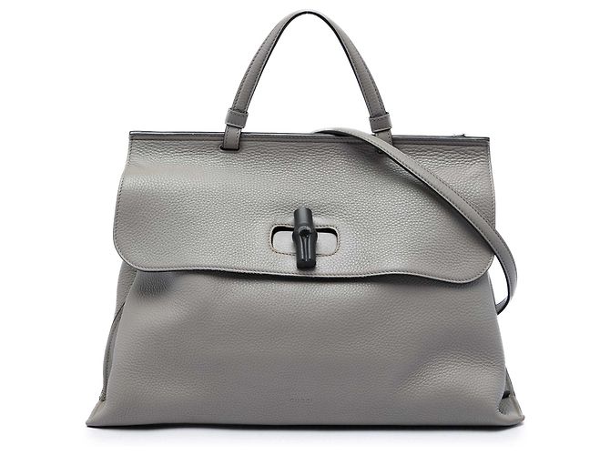 Bamboo Bolsa Satchel Daily Gucci em couro de bezerro cinza Large com bambu Marrom