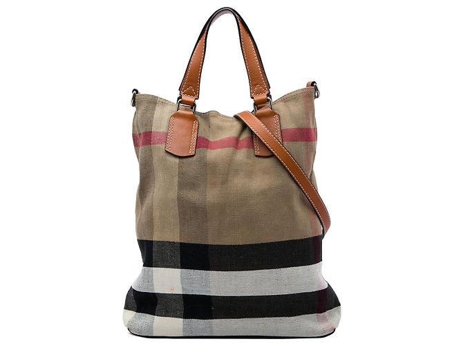 Burberry Brown Medium Mega Check Canvas Tottenham Brit Satchel Marron Marron clair