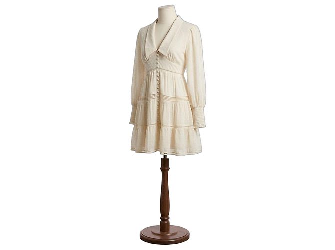 Uterque Vestido Midi Uterqüe em Chiffon com Bolinhas e Folhos Bege