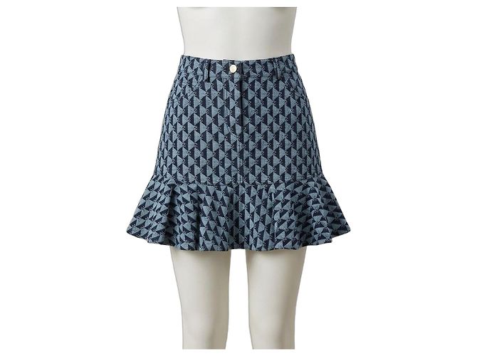 Sandro Gonna in Denim con Stampa Geometrica e Volant Blu