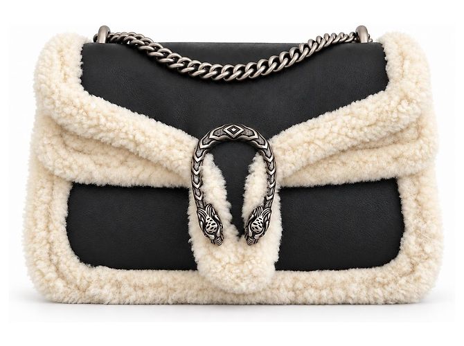 Bolsa de Ombro Gucci Dionysus Medium em Couro e Shearling Preto Branco