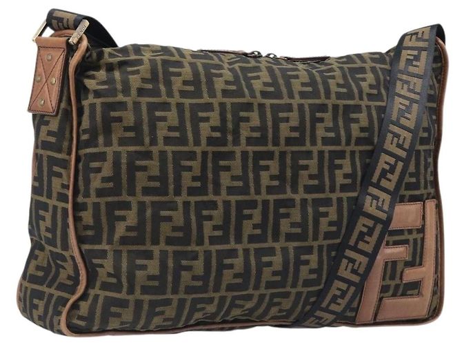 Borsa a tracolla FENDI Zucca Canvas Marrone Nero Auth 197699