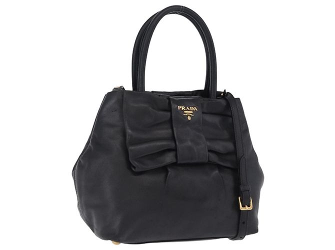 Borsa a mano PRADA Ribbon in pelle nera e oro Auth 202973V Nero D'oro