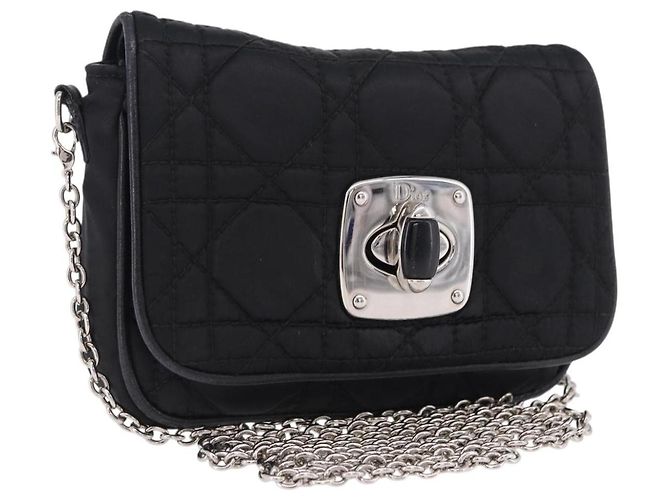 Borsa a tracolla con catena Christian Dior Nylon Nero Argento Auth 203219
