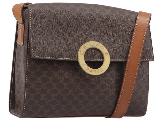 Céline CELINE Macadam Canvas Runde Schultertasche PVC Leder Braun Gold Auth 202958 Golden