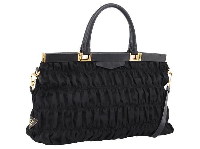 PRADA Geraffte Handtasche Nylon 2way Schwarz Gold Auth 202889A Golden