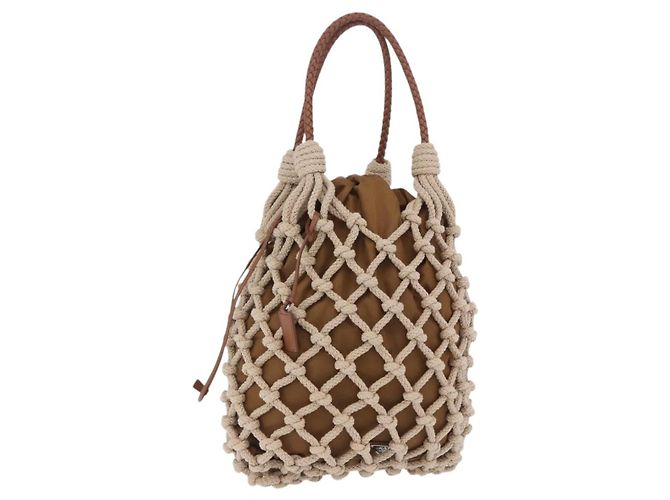 PRADA Tote Bag Knitted Fabrics Beige Silver Auth 202904SAM Silvery