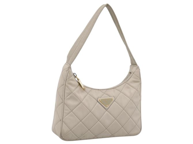 Bolso de mano PRADA Nylon Beige Gold Auth 203797A Dorado