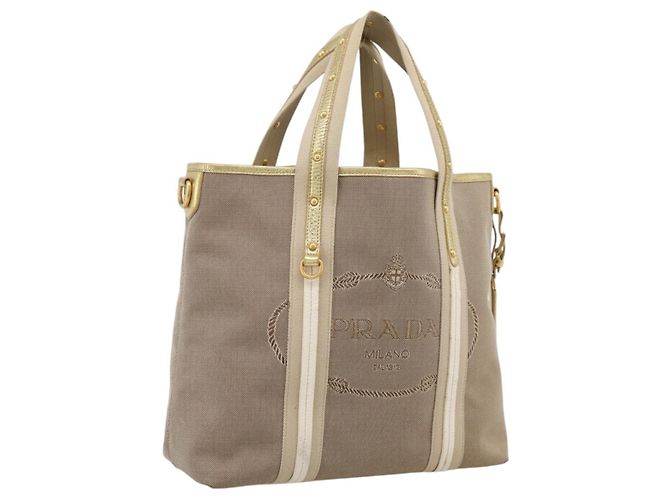 Sac à main PRADA Jacquard Beige Gold Auth 202467 Doré